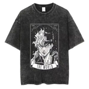 Vintage Washed Men’s T-Shirt – JoJo’s Bizarre Adventure Anime Print Featuring Jotaro Kujo & Dio Brando, Hip-Hop Streetwear Short Sleeve Cotton Tee